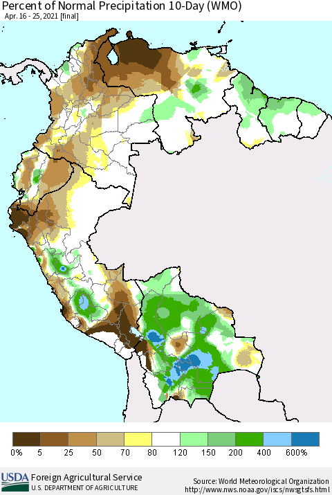 Northern South America Percent of Normal Precipitation 10-Day (WMO) Thematic Map For 4/16/2021 - 4/25/2021