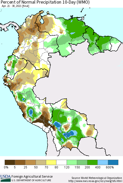 Northern South America Percent of Normal Precipitation 10-Day (WMO) Thematic Map For 4/21/2021 - 4/30/2021