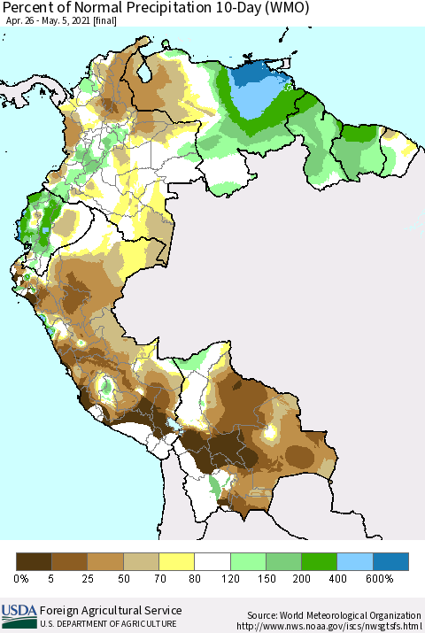 Northern South America Percent of Normal Precipitation 10-Day (WMO) Thematic Map For 4/26/2021 - 5/5/2021
