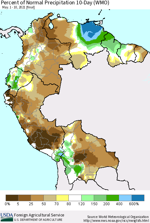 Northern South America Percent of Normal Precipitation 10-Day (WMO) Thematic Map For 5/1/2021 - 5/10/2021