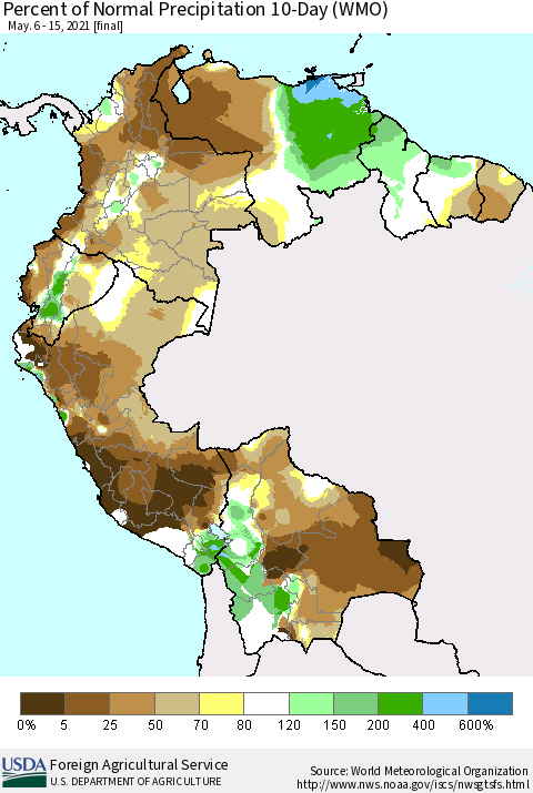 Northern South America Percent of Normal Precipitation 10-Day (WMO) Thematic Map For 5/6/2021 - 5/15/2021