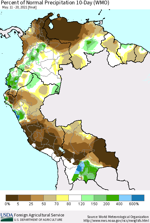 Northern South America Percent of Normal Precipitation 10-Day (WMO) Thematic Map For 5/11/2021 - 5/20/2021