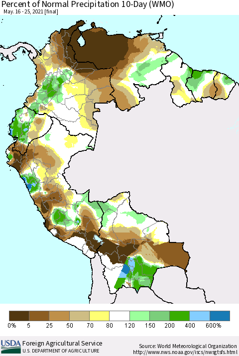 Northern South America Percent of Normal Precipitation 10-Day (WMO) Thematic Map For 5/16/2021 - 5/25/2021