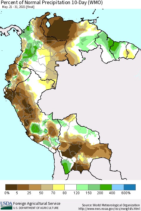 Northern South America Percent of Normal Precipitation 10-Day (WMO) Thematic Map For 5/21/2021 - 5/31/2021