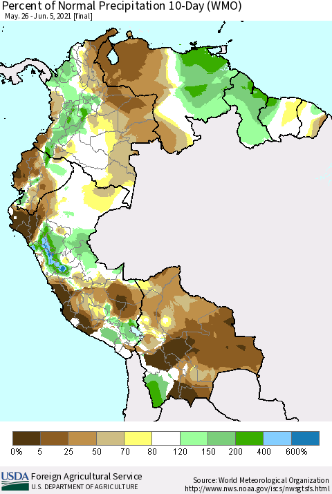 Northern South America Percent of Normal Precipitation 10-Day (WMO) Thematic Map For 5/26/2021 - 6/5/2021