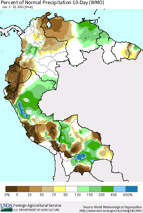 Northern South America Percent of Normal Precipitation 10-Day (WMO) Thematic Map For 6/1/2021 - 6/10/2021