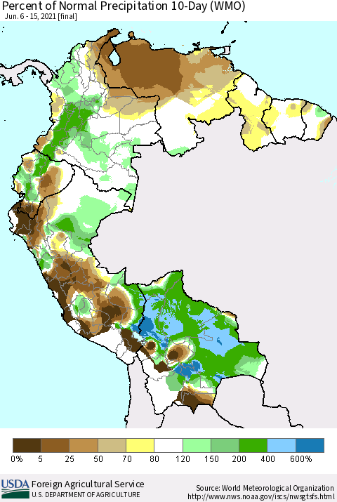Northern South America Percent of Normal Precipitation 10-Day (WMO) Thematic Map For 6/6/2021 - 6/15/2021