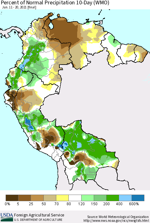 Northern South America Percent of Normal Precipitation 10-Day (WMO) Thematic Map For 6/11/2021 - 6/20/2021