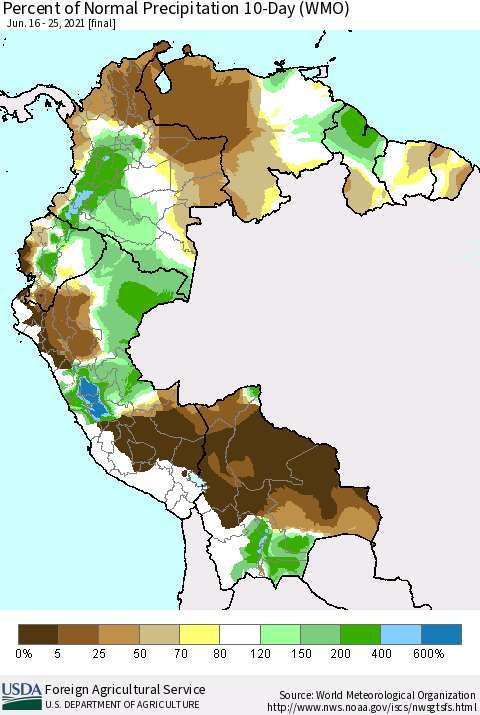 Northern South America Percent of Normal Precipitation 10-Day (WMO) Thematic Map For 6/16/2021 - 6/25/2021