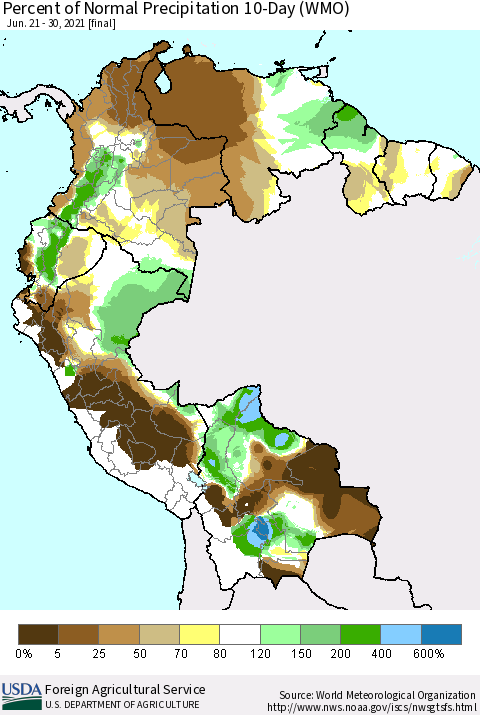 Northern South America Percent of Normal Precipitation 10-Day (WMO) Thematic Map For 6/21/2021 - 6/30/2021