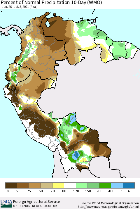 Northern South America Percent of Normal Precipitation 10-Day (WMO) Thematic Map For 6/26/2021 - 7/5/2021