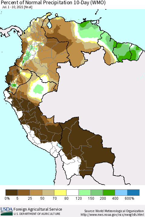 Northern South America Percent of Normal Precipitation 10-Day (WMO) Thematic Map For 7/1/2021 - 7/10/2021