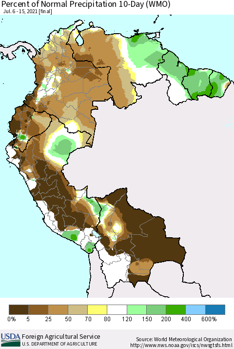 Northern South America Percent of Normal Precipitation 10-Day (WMO) Thematic Map For 7/6/2021 - 7/15/2021