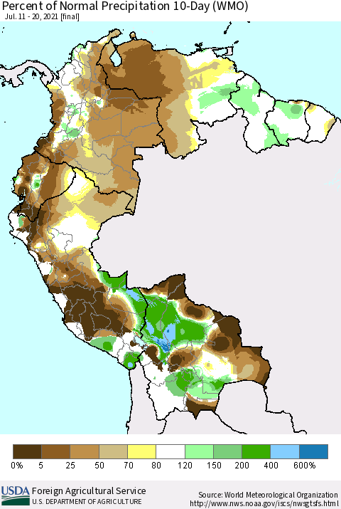 Northern South America Percent of Normal Precipitation 10-Day (WMO) Thematic Map For 7/11/2021 - 7/20/2021
