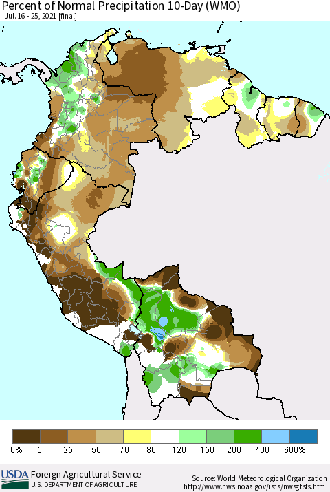 Northern South America Percent of Normal Precipitation 10-Day (WMO) Thematic Map For 7/16/2021 - 7/25/2021