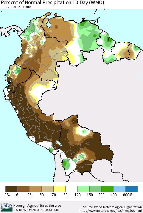 Northern South America Percent of Normal Precipitation 10-Day (WMO) Thematic Map For 7/21/2021 - 7/31/2021