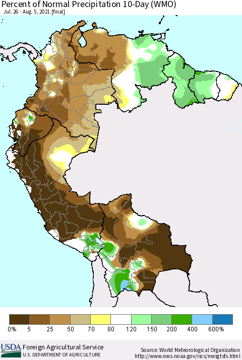 Northern South America Percent of Normal Precipitation 10-Day (WMO) Thematic Map For 7/26/2021 - 8/5/2021