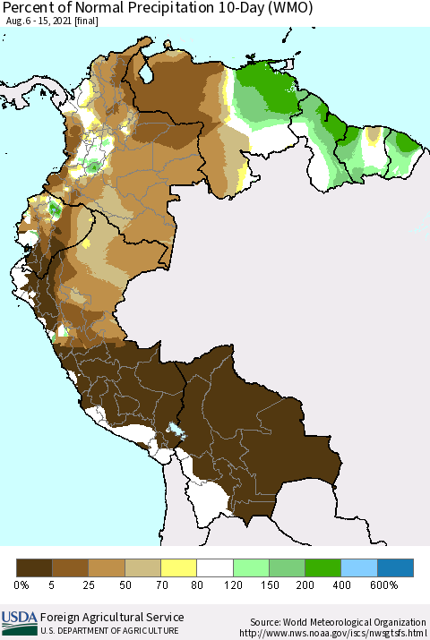 Northern South America Percent of Normal Precipitation 10-Day (WMO) Thematic Map For 8/6/2021 - 8/15/2021