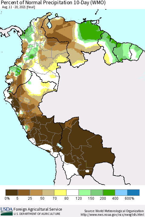Northern South America Percent of Normal Precipitation 10-Day (WMO) Thematic Map For 8/11/2021 - 8/20/2021