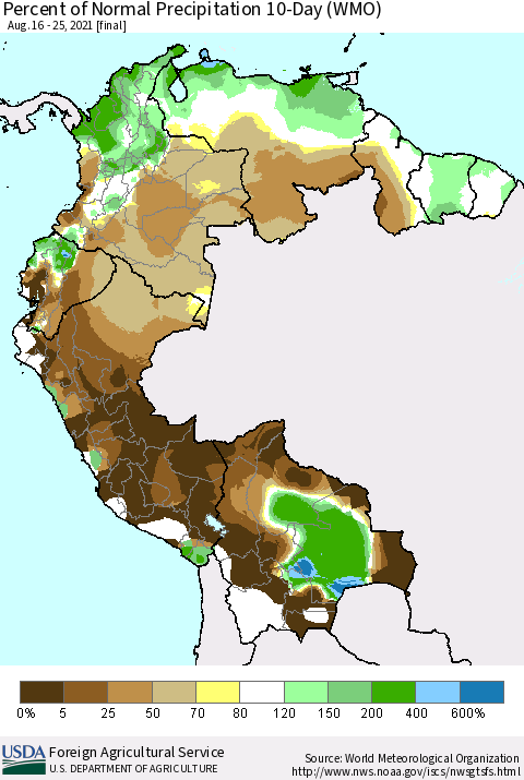 Northern South America Percent of Normal Precipitation 10-Day (WMO) Thematic Map For 8/16/2021 - 8/25/2021