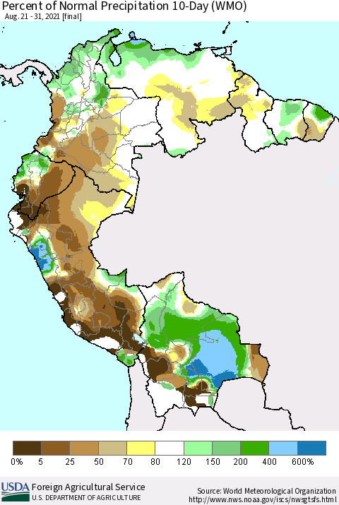 Northern South America Percent of Normal Precipitation 10-Day (WMO) Thematic Map For 8/21/2021 - 8/31/2021