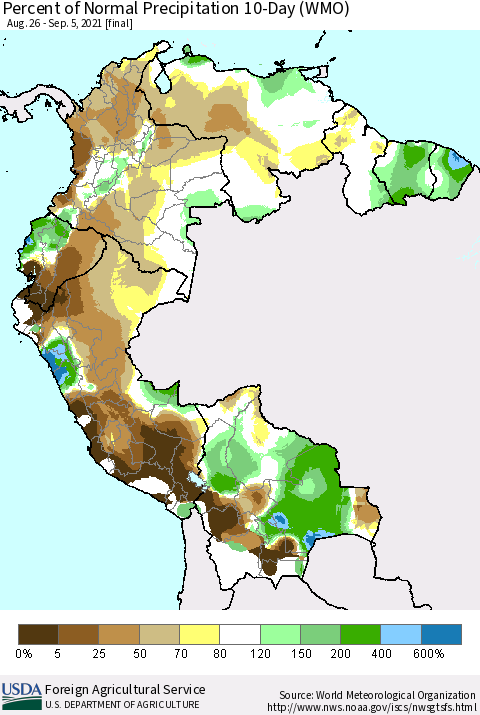 Northern South America Percent of Normal Precipitation 10-Day (WMO) Thematic Map For 8/26/2021 - 9/5/2021