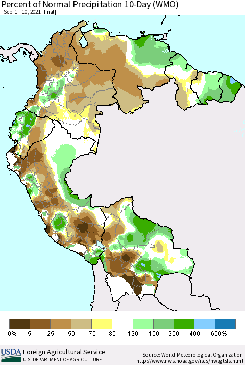 Northern South America Percent of Normal Precipitation 10-Day (WMO) Thematic Map For 9/1/2021 - 9/10/2021