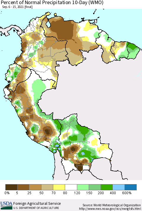 Northern South America Percent of Normal Precipitation 10-Day (WMO) Thematic Map For 9/6/2021 - 9/15/2021