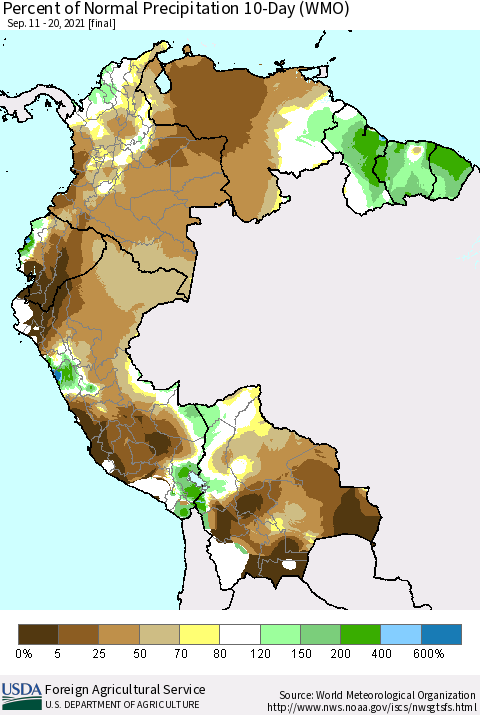 Northern South America Percent of Normal Precipitation 10-Day (WMO) Thematic Map For 9/11/2021 - 9/20/2021