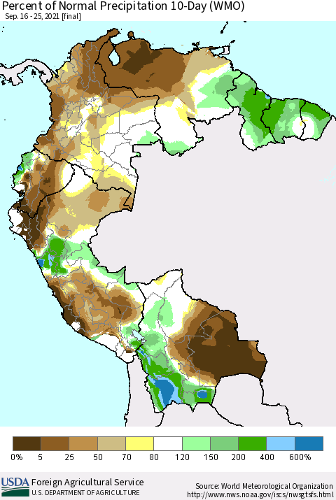 Northern South America Percent of Normal Precipitation 10-Day (WMO) Thematic Map For 9/16/2021 - 9/25/2021