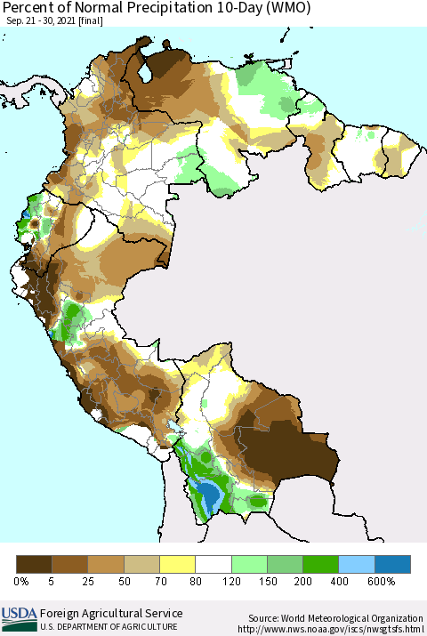 Northern South America Percent of Normal Precipitation 10-Day (WMO) Thematic Map For 9/21/2021 - 9/30/2021