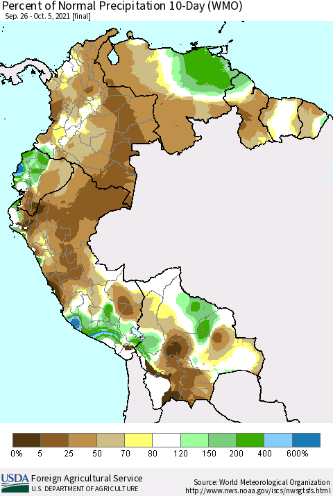 Northern South America Percent of Normal Precipitation 10-Day (WMO) Thematic Map For 9/26/2021 - 10/5/2021