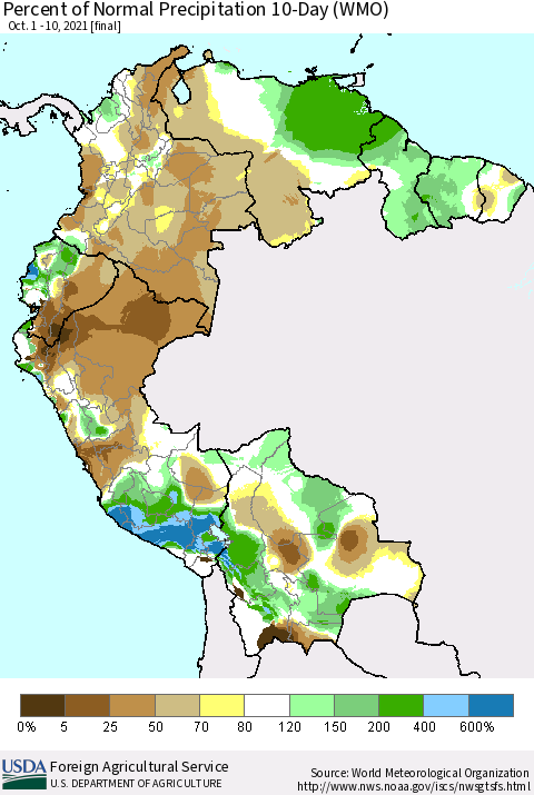 Northern South America Percent of Normal Precipitation 10-Day (WMO) Thematic Map For 10/1/2021 - 10/10/2021