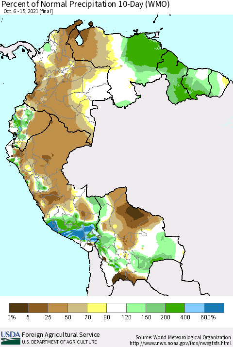 Northern South America Percent of Normal Precipitation 10-Day (WMO) Thematic Map For 10/6/2021 - 10/15/2021