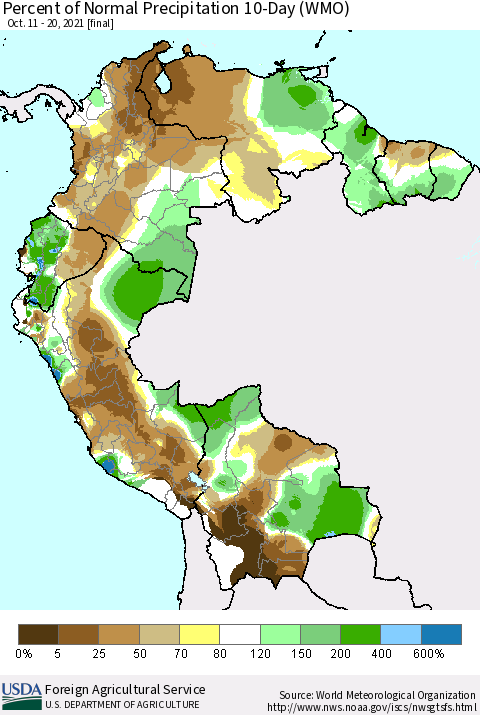 Northern South America Percent of Normal Precipitation 10-Day (WMO) Thematic Map For 10/11/2021 - 10/20/2021