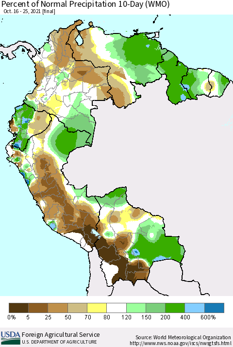 Northern South America Percent of Normal Precipitation 10-Day (WMO) Thematic Map For 10/16/2021 - 10/25/2021
