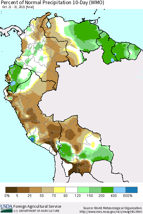 Northern South America Percent of Normal Precipitation 10-Day (WMO) Thematic Map For 10/21/2021 - 10/31/2021
