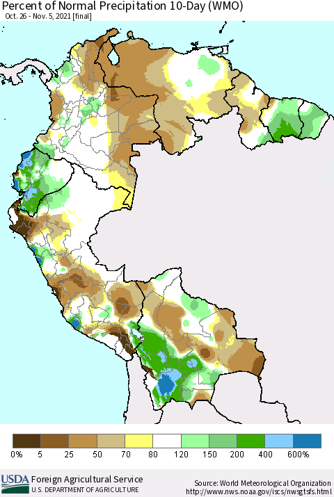 Northern South America Percent of Normal Precipitation 10-Day (WMO) Thematic Map For 10/26/2021 - 11/5/2021