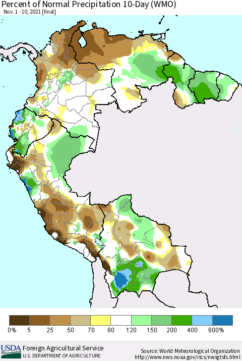 Northern South America Percent of Normal Precipitation 10-Day (WMO) Thematic Map For 11/1/2021 - 11/10/2021