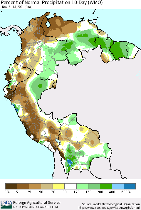 Northern South America Percent of Normal Precipitation 10-Day (WMO) Thematic Map For 11/6/2021 - 11/15/2021