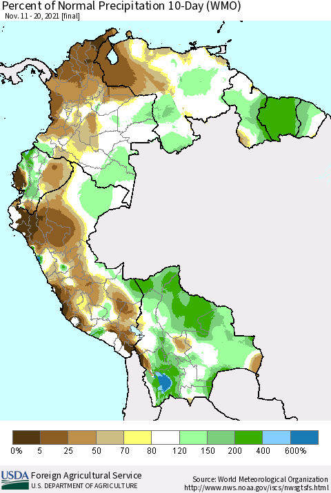 Northern South America Percent of Normal Precipitation 10-Day (WMO) Thematic Map For 11/11/2021 - 11/20/2021