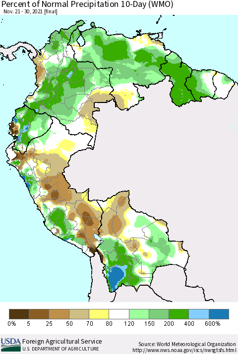 Northern South America Percent of Normal Precipitation 10-Day (WMO) Thematic Map For 11/21/2021 - 11/30/2021