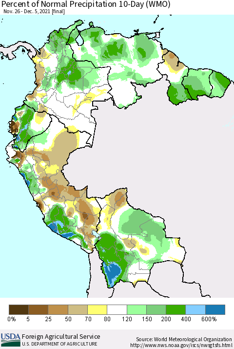 Northern South America Percent of Normal Precipitation 10-Day (WMO) Thematic Map For 11/26/2021 - 12/5/2021