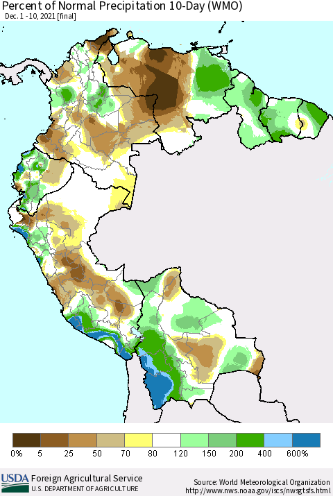 Northern South America Percent of Normal Precipitation 10-Day (WMO) Thematic Map For 12/1/2021 - 12/10/2021