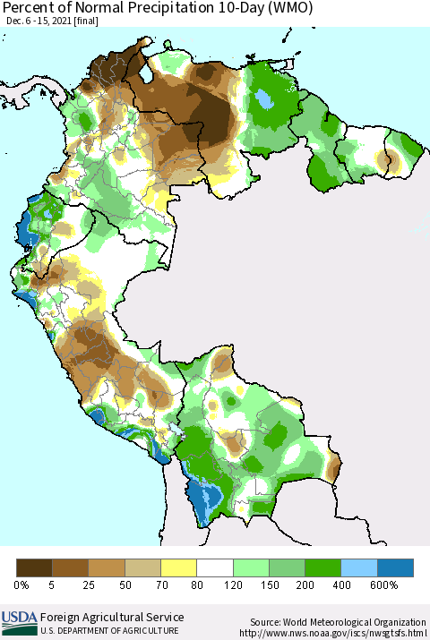 Northern South America Percent of Normal Precipitation 10-Day (WMO) Thematic Map For 12/6/2021 - 12/15/2021