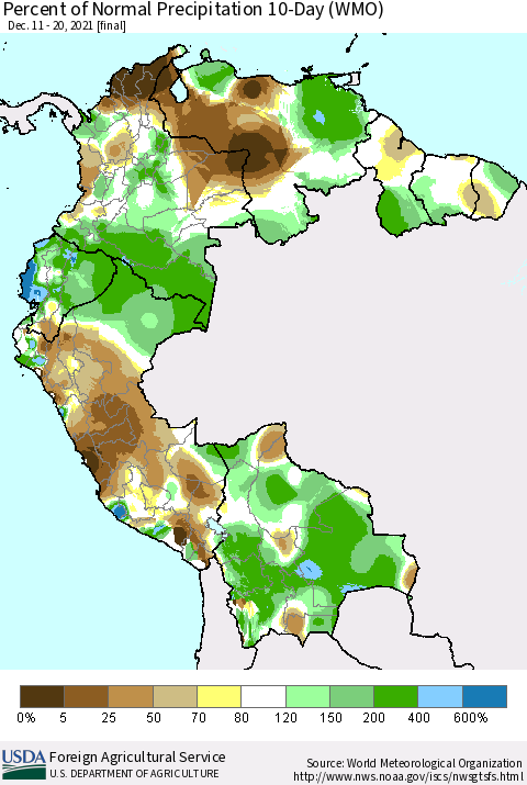 Northern South America Percent of Normal Precipitation 10-Day (WMO) Thematic Map For 12/11/2021 - 12/20/2021