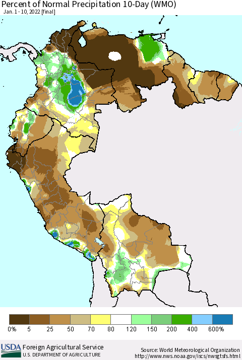 Northern South America Percent of Normal Precipitation 10-Day (WMO) Thematic Map For 1/1/2022 - 1/10/2022