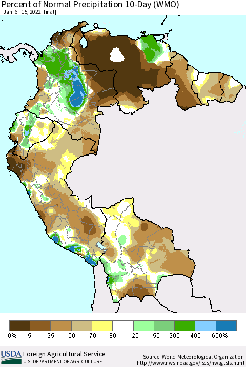 Northern South America Percent of Normal Precipitation 10-Day (WMO) Thematic Map For 1/6/2022 - 1/15/2022