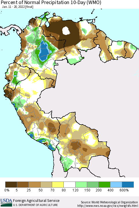 Northern South America Percent of Normal Precipitation 10-Day (WMO) Thematic Map For 1/11/2022 - 1/20/2022