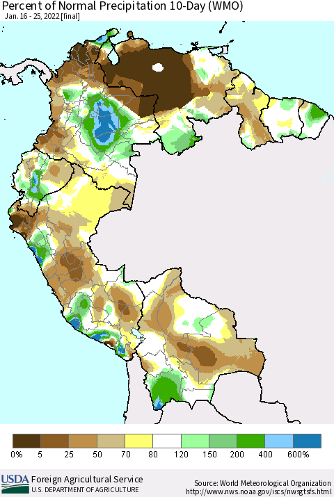 Northern South America Percent of Normal Precipitation 10-Day (WMO) Thematic Map For 1/16/2022 - 1/25/2022